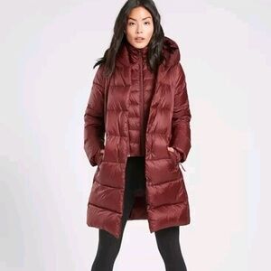 Athleta Lofty Goose Down Hooded Maple Burgundy Red Puffer Coat Zip Snap XL